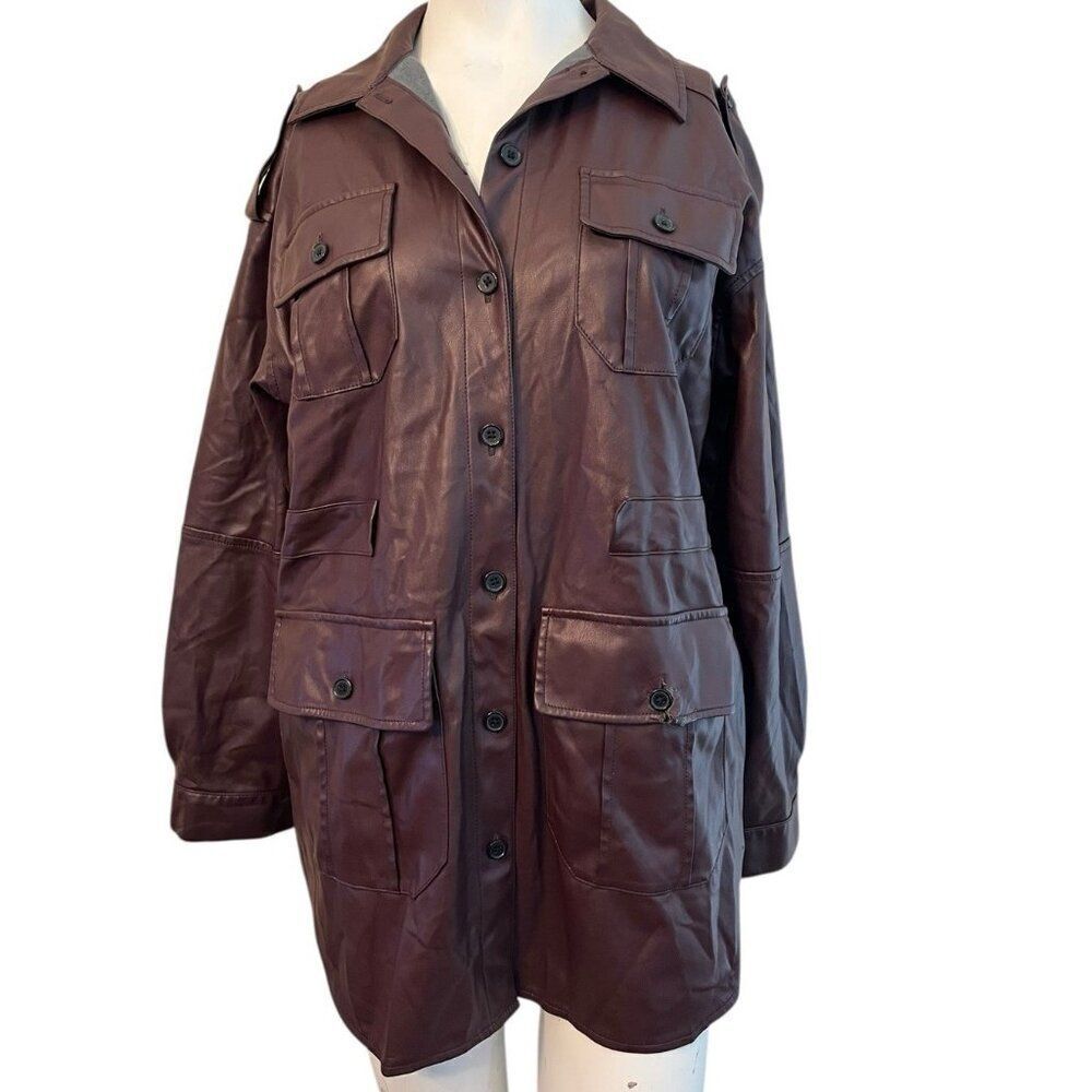 Marissa Webb Size 6 Faux Leather Shacket Brown Button Front Jacket Msrp $435 Rtr